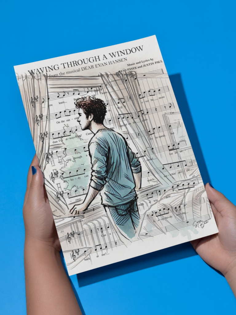 Dear Evan Hansen song Waving Through A Window on a printed page, featuring boy looking out window with the music score of Broadway song behind.